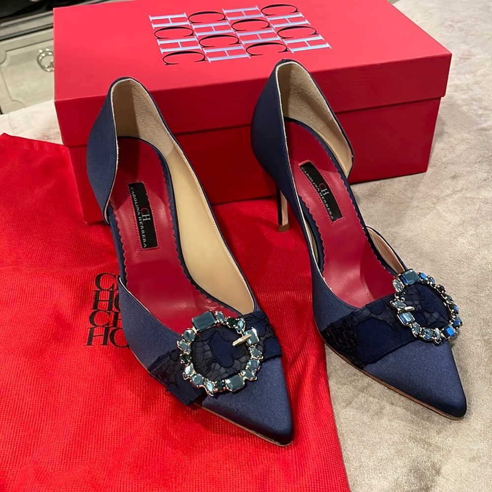 Blue Satin Carolina Herrera embellished heels